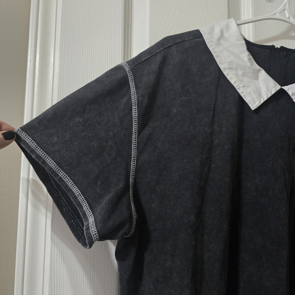 Social Collision Boxy Fit Acid Wash Collared Tee w/ Embroidered Skull Patch. - Picture 3 of 9
